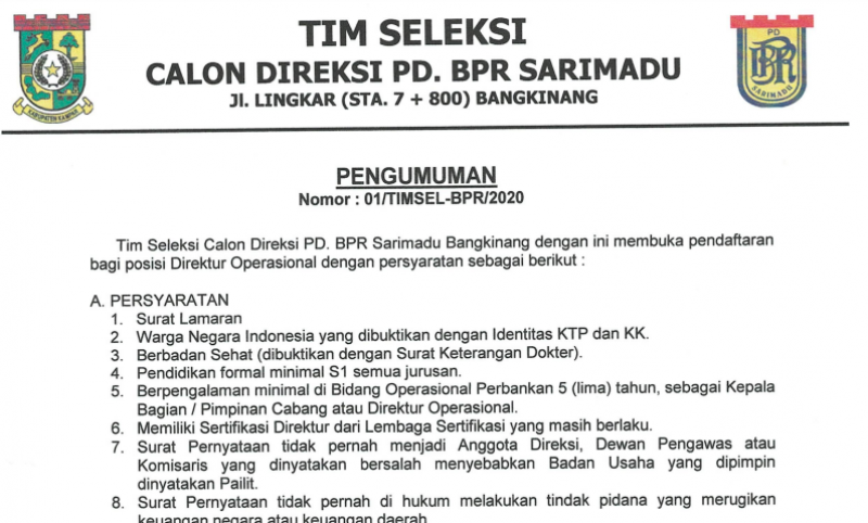 Pengumuman Seleksi Direktur Operasional BPR